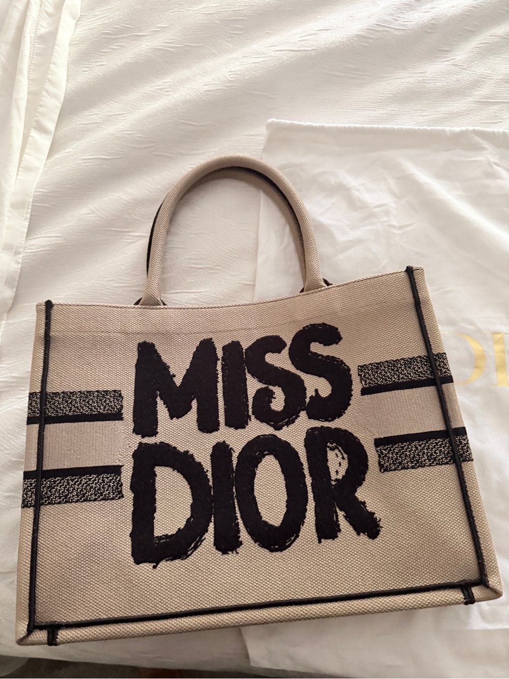 Dior Beige Canvas 'MISS DIOR' Tote Bag with Black Lettering